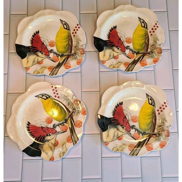 Anthropologie "On Safari" Salad Plates Scalloped Edge Birds Set of 4, Y2K EUC - Picture 3 of 10